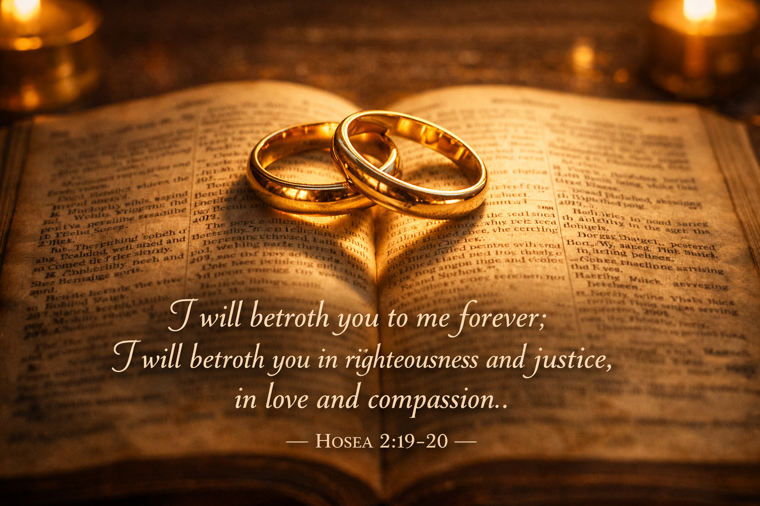 Bible verse wallpaper Hosea 2:19-20 with two golden wedding rings on an open Bible in warm candlelight